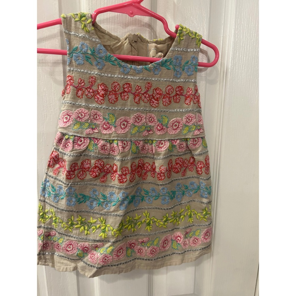 Peek Kids Floral‎ Dress Beige Embroidered Silver Metallic Stripe 12-18M Toddler